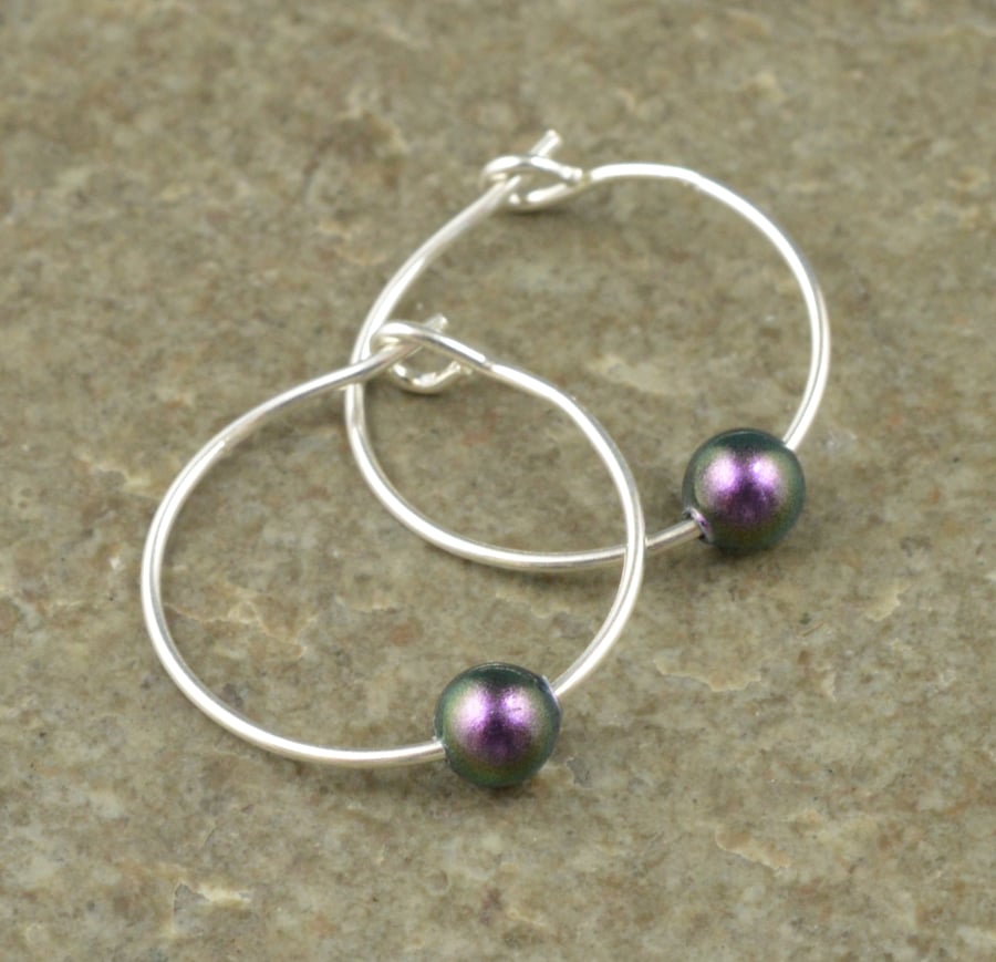 Boho 4mm Purple Swarovski Crystal Pearl 15mm Sterling Silver Hoop Earrings