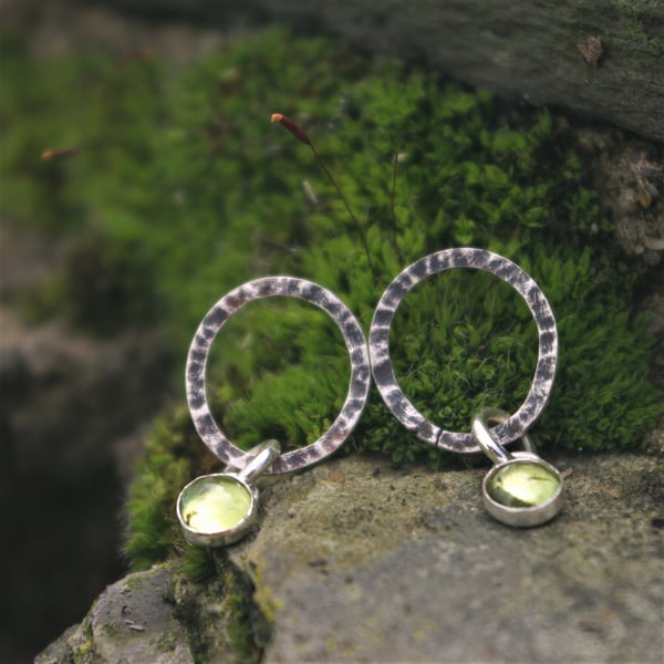 Textured Silver Circle  Earrings with Peridot Drop