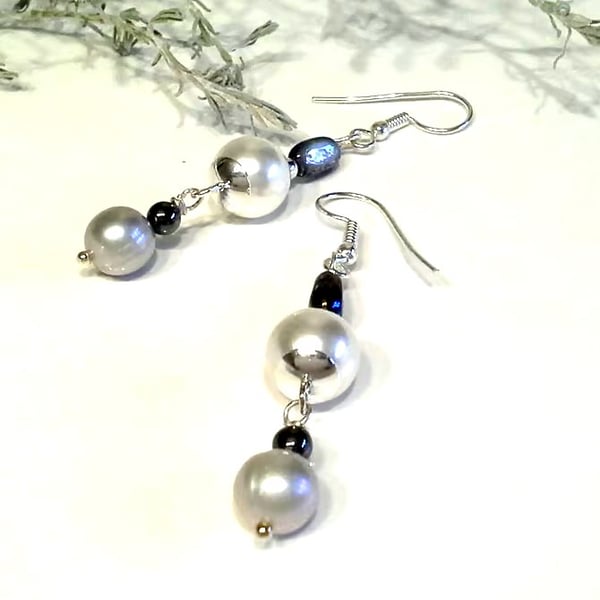 Freshwater Pearl, Shell Pearls & Heamotite Dangle Earrings Silver Plated