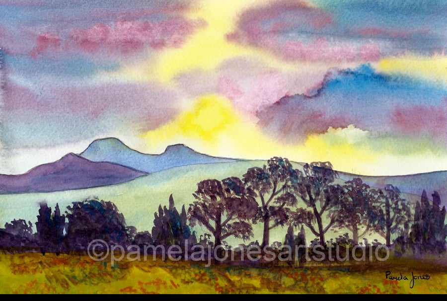 Pen Y Fan, The Brecon Beacons, Watercolour Print, in 8 x 6 '' Mount