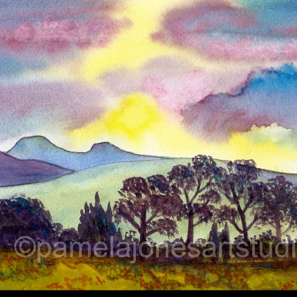 Pen Y Fan, The Brecon Beacons, Watercolour Print, in 8 x 6 '' Mount