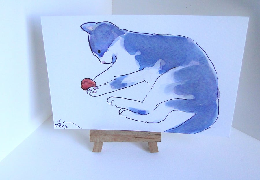 OSWOA Kitten Play Original Watercolour & Ink Painting 4x6 OOAK Cat