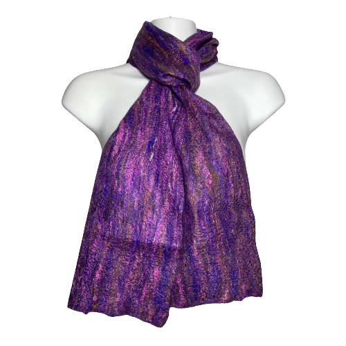 Purple felted scarf, merino wool and silk fibres