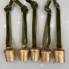 5 Hanging Indian Cow Bell Christmas Decorations on Olive Green Velvet Ribbon