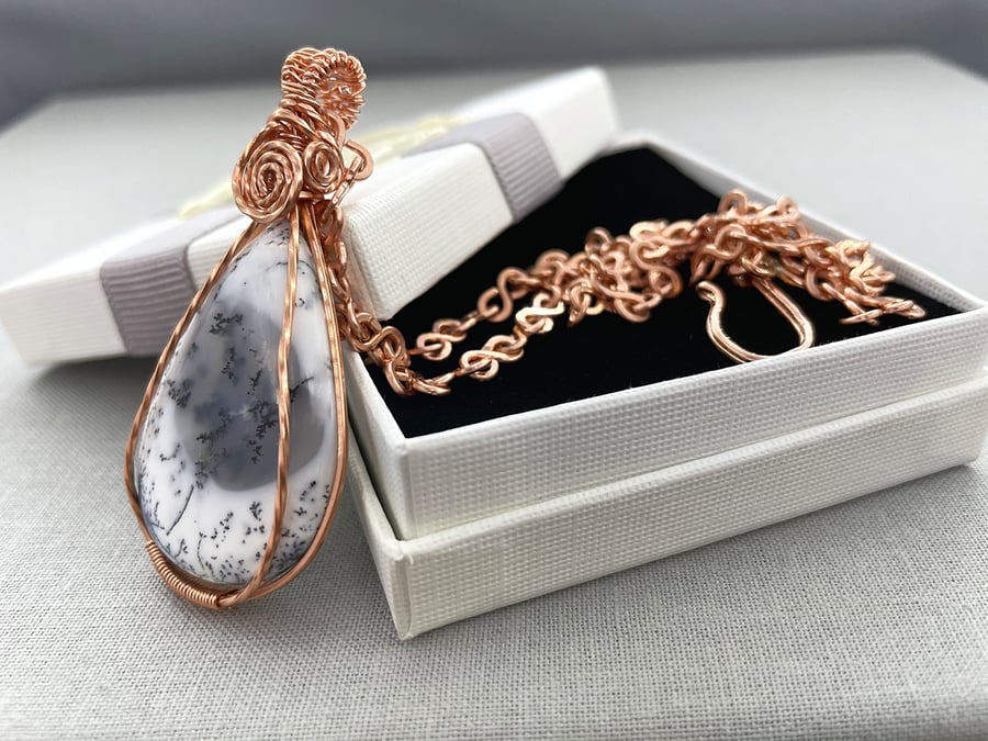 Dendrite Opal Agate Copper Wire Wrap Pendant with Handmade Infinity Chain
