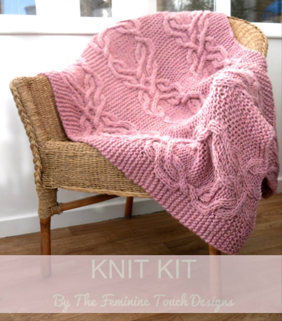 Knitting Kit for cabled lap blanket , throw
