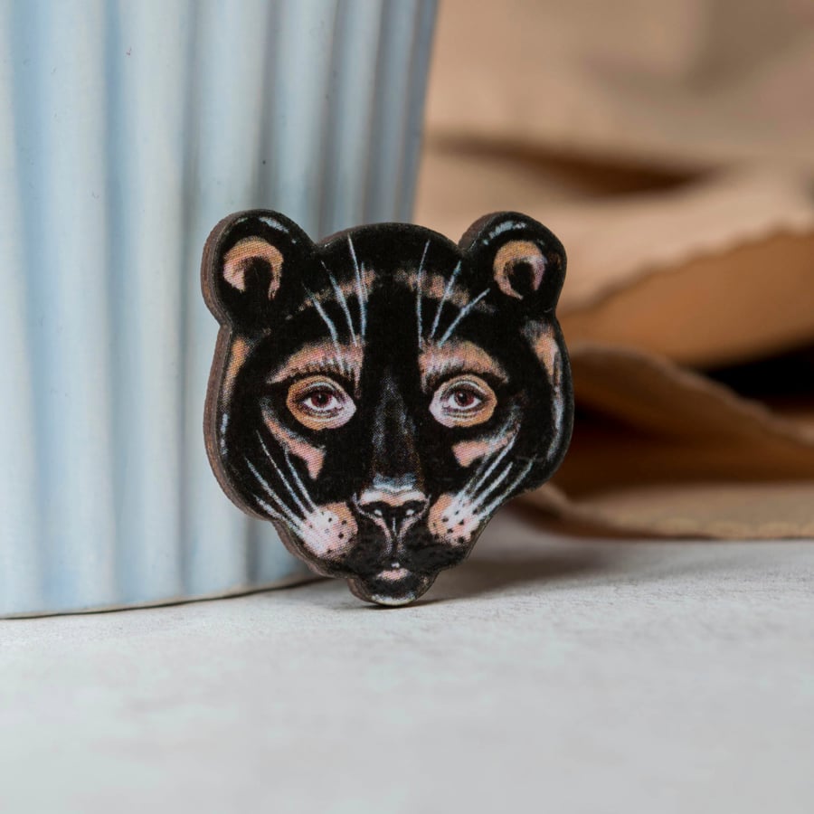 Black panther brooch badge, laser cut from wood