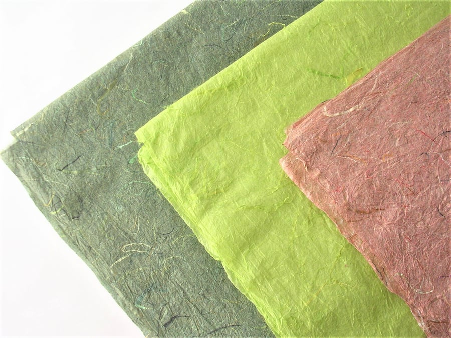 Textured, natural, handmade mulberry fibres paper, rough deckled edge, 3 sheets
