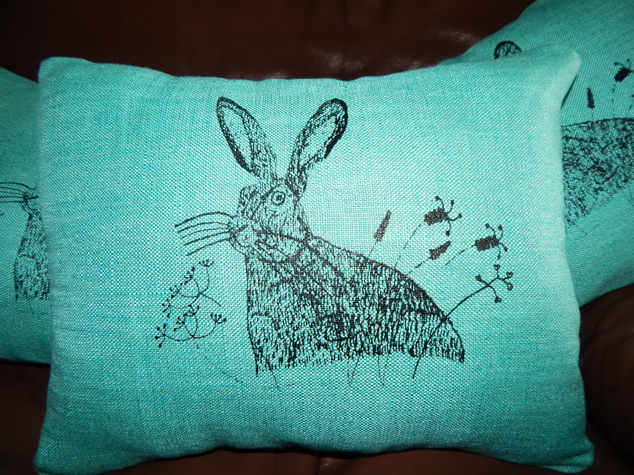 Turquoise linen Hare - screen printed small cushion