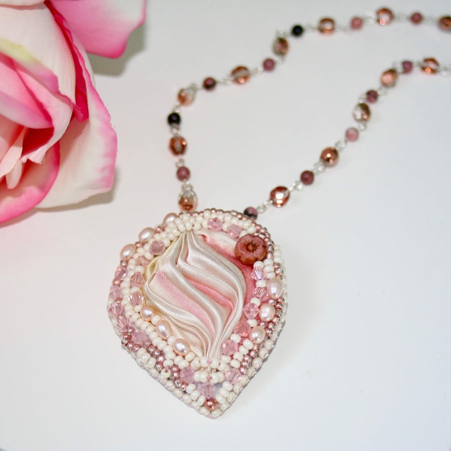 Rose and cream shibori ribbon and bead embroidery necklace