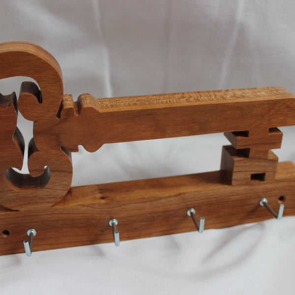 Wooden 'Key' Wall-Mounted Key Rack – Cherry with Silver Hooks