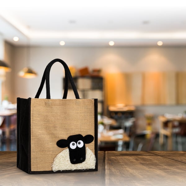 Medium Sized Jute Hessian Shopping Bag Decorated with a Fluffy Sheep