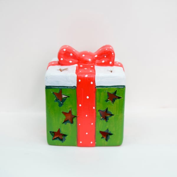 Hand-Painted Christmas Gift Tea Light Holder -Green Ceramic Christmas Decoration