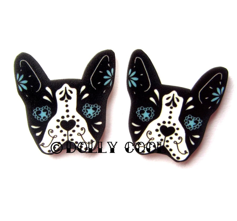Boston Terrier Earrings Sugar Skull Style in White by Dolly Cool Dog Bostie Day 