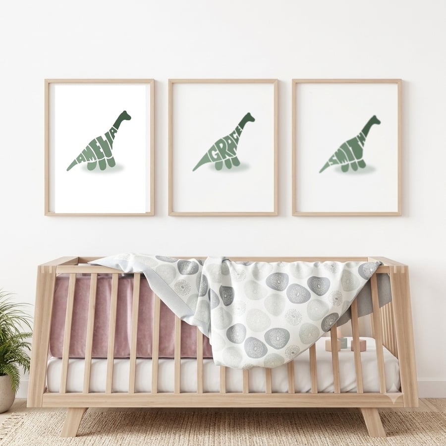 Personalised Girls Dinosaur Art Set of 3 Prints First Middle and Surname A4 A3