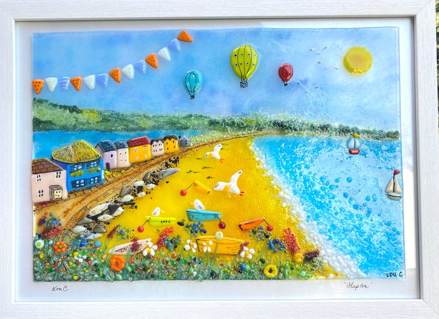 Beautiful “slapton sands” Devon MADE TO ORDER  - fused glass picture 