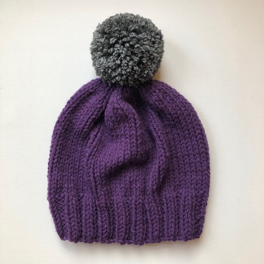 Bobble Hat in Purple Chunky Yarn with Grey Pom Pom