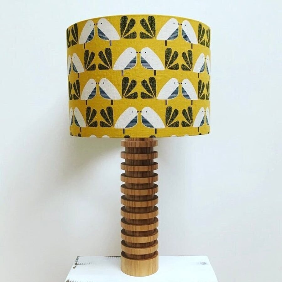 Handmade mustard bird fabric drum lampshade (made for lamp base)