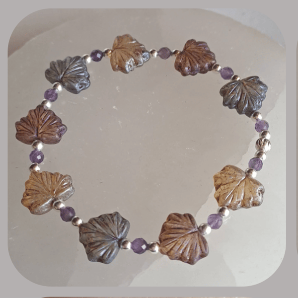  Czech glass, Amethyst and Sterling Silver Leaf bracelet