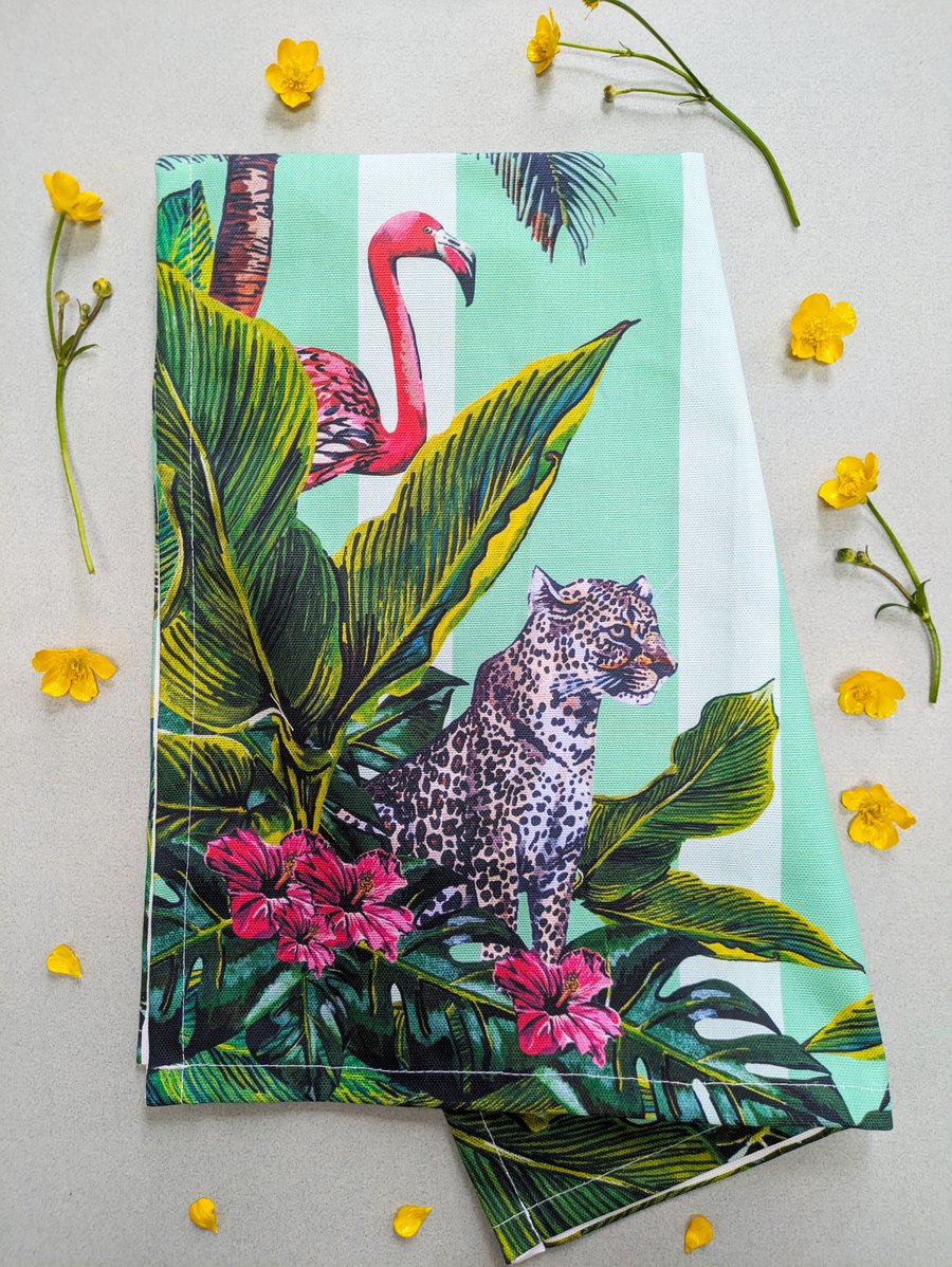 Tropical Jungle Tea Towel with original hand painted Flamingo & Leopard