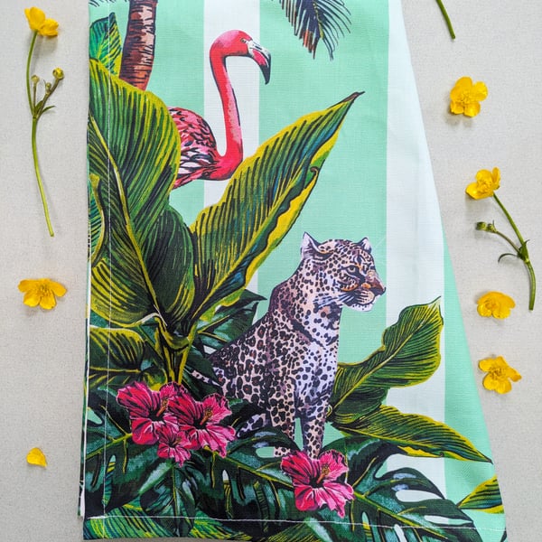 Tropical Jungle Tea Towel with original hand painted Flamingo & Leopard