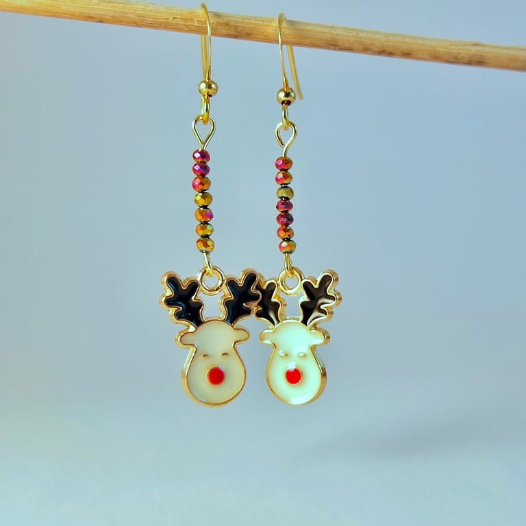 Reindeer Charm Sparkly Christmas Earrings, Stocking Filler, Secret Santa Gift