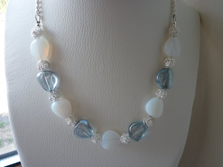 CHUNKY SKY BLUE, WHITE OPAL AND SILVER NECKLACE.  