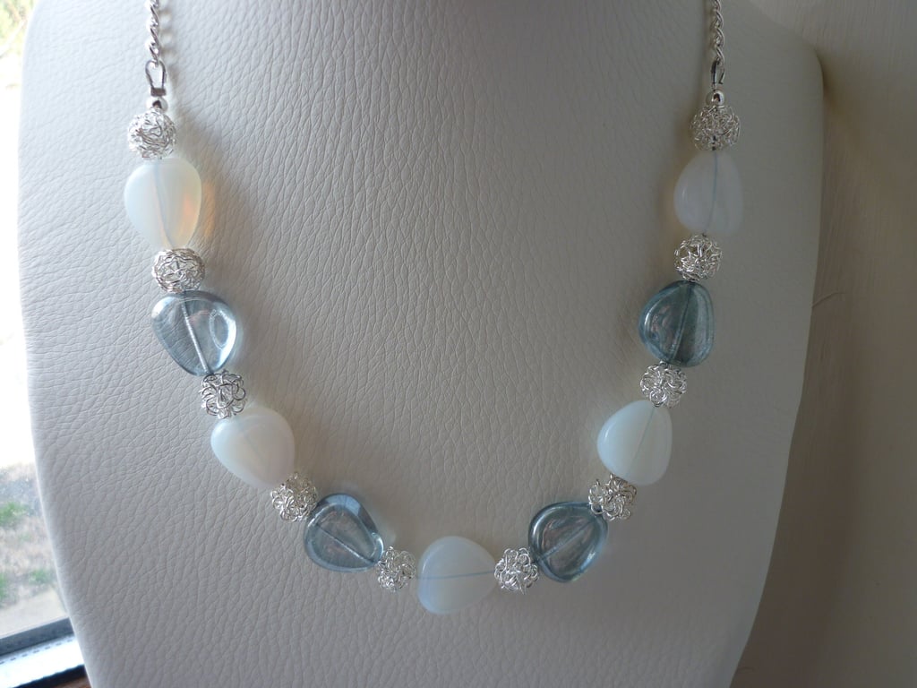CHUNKY SKY BLUE, WHITE OPAL AND SILVER NECKLACE.  