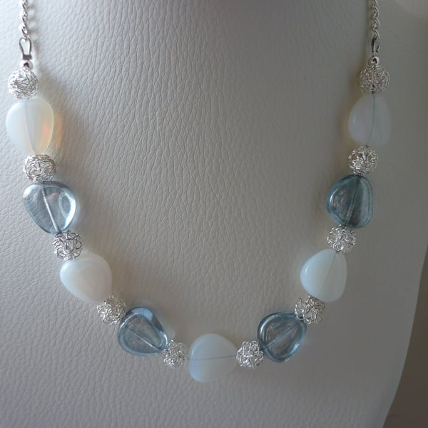 CHUNKY SKY BLUE, WHITE OPAL AND SILVER NECKLACE.  
