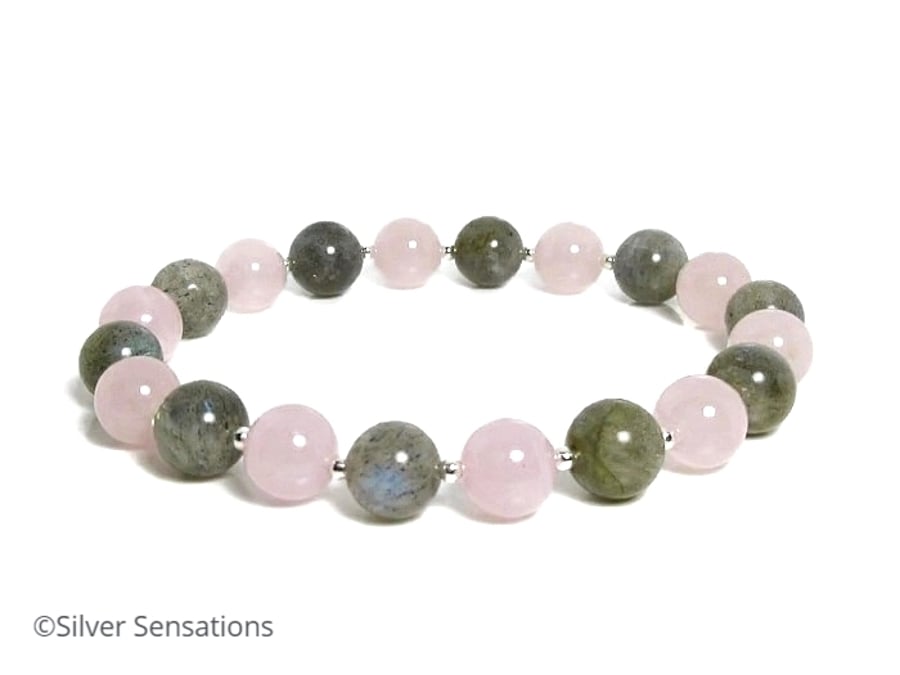 Pastel Pink Rose Quartz, Grey Labradorite & Sterling Silver Beaded Bracelet