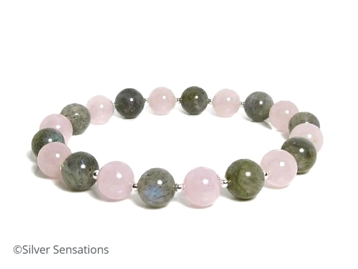 Pastel Pink Rose Quartz, Grey Labradorite & Sterling Silver Beaded Bracelet