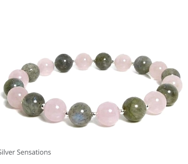 Pastel Pink Rose Quartz, Labradorite & Sterling Silver Beaded Bracelet