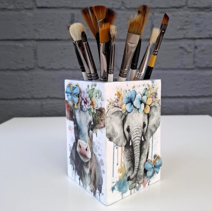 Decoupage Animal Desk Organizer Hand-Painted Pe... - Folksy