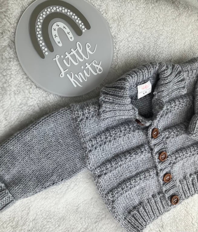 Hand knitted ‘Oliver’ Baby Boy’s Cardigan (0-6 months)