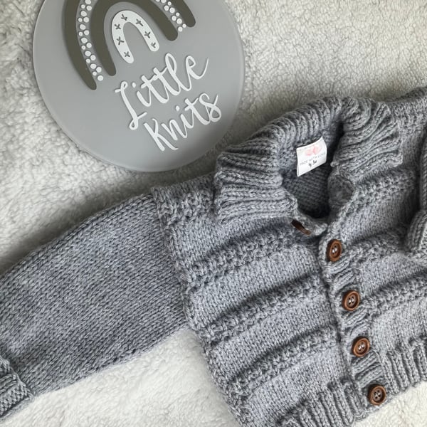 Hand knitted ‘Oliver’ Baby Boy’s Cardigan (0-6 months)