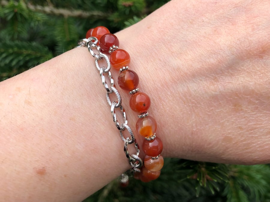 Carnelian & Silver Tone Chain Boho Beaded Bracelet. Double Strand Bohemian