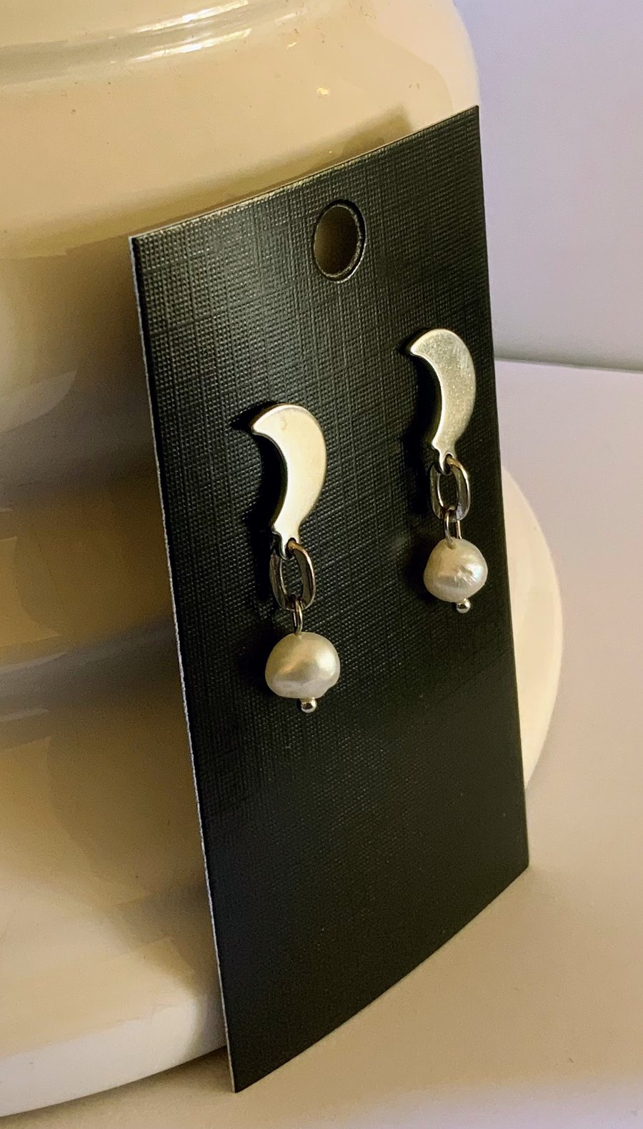 Crescent Moon & Pearl Stud  Earrings