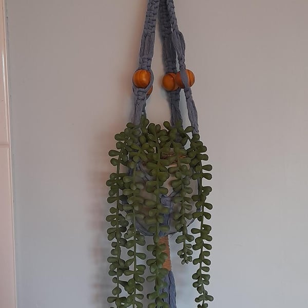 Handmade Macrame Hanging Basket - Recycled Cotton, Denim Blue, Wooden Beads
