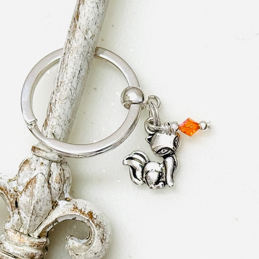 Fox charm keyring with small crystal bead