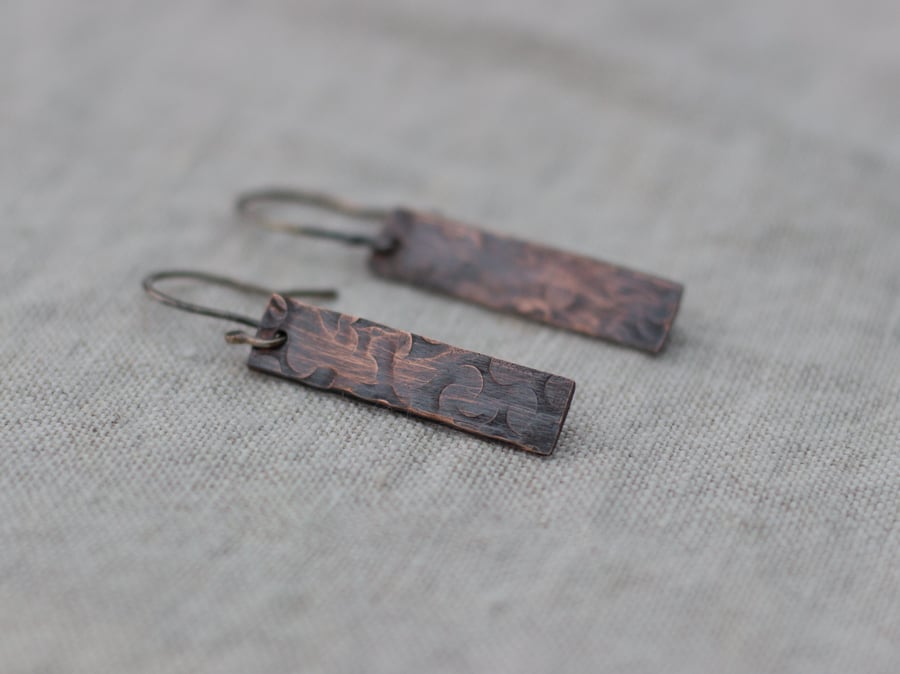 Copper Floral Pattern Rectangle Drop Earrings, gift for her,