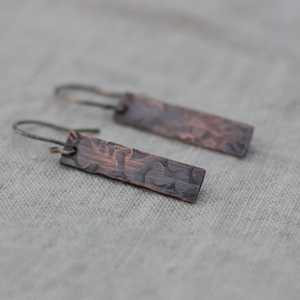 Copper Floral Pattern Rectangle Drop Earrings, gift for her,