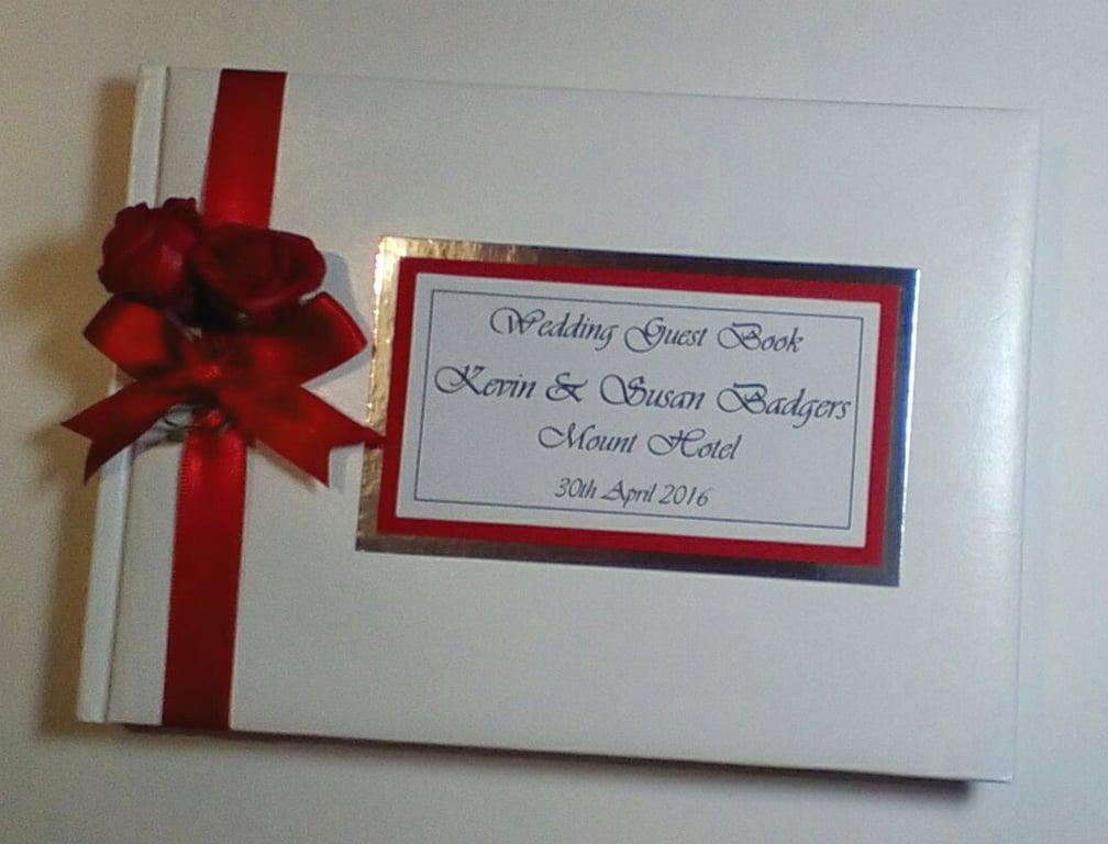 Wedding guest book with roses, red and white wedding guest book