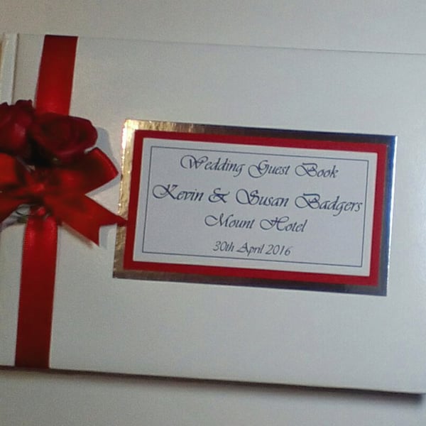 Wedding guest book with roses, red and white wedding guest book