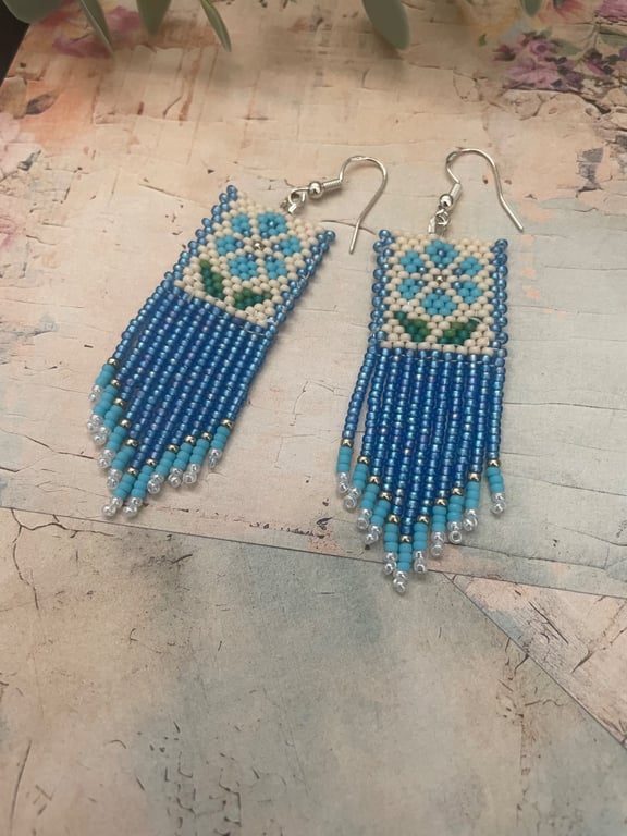 Pretty Folk Art inspired blue floral beaded fringe earrings 