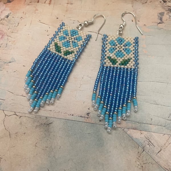 Pretty Folk Art inspired blue floral beaded fringe earrings 