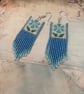 Pretty Folk Art inspired blue floral beaded fringe earrings 
