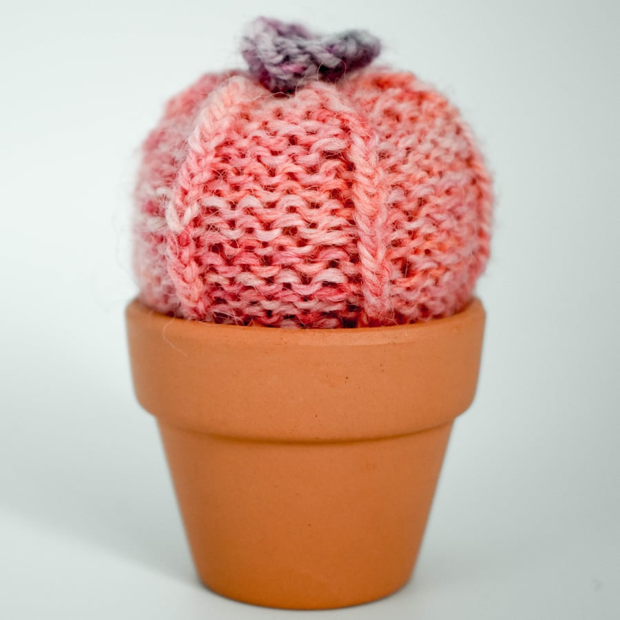 Hand knitted Cactus peach with purple flower Pin cushion
