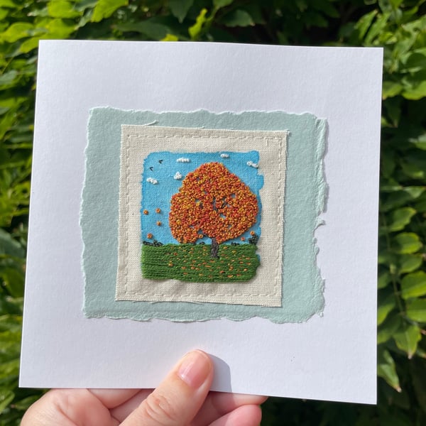 Autumn tree, hand embroidered 'mini art' keepsake card