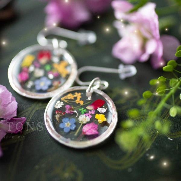 Real Flower Earrings - Flower Confetti - Sterling Silver Pressed Flower Earrings