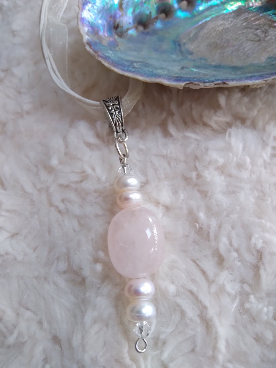ChrissieCraft ROSE QUARTZ nugget with freshwater pearls NECKLACE